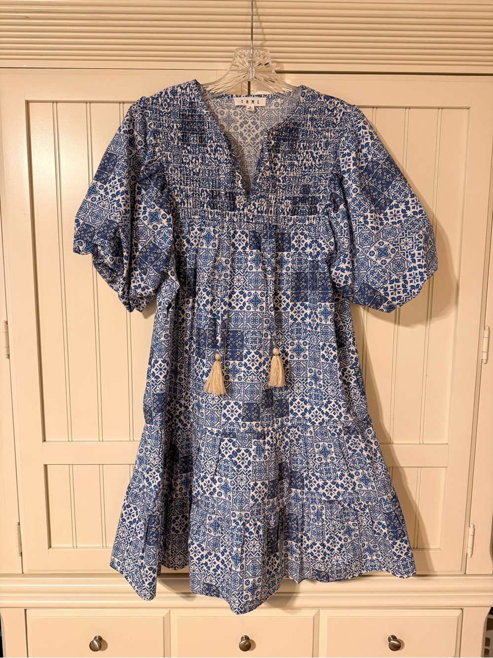 THML Blue and White Mini Dress with Tassel Tie